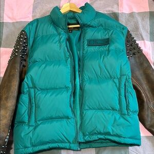 Supreme Teal Puffer Jacket with Brown Leather Sleeves